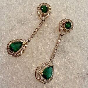 Emerald and diamond earrings 14K yellow gold w/ natural emeralds & diamonds